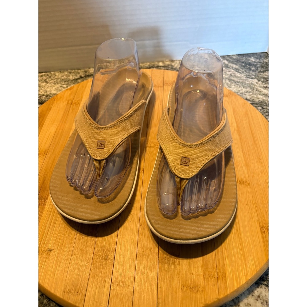 Spenco Women Tan Khaki Orthotic Flip Flop Sandals Canvas Thong Comfort Shoes